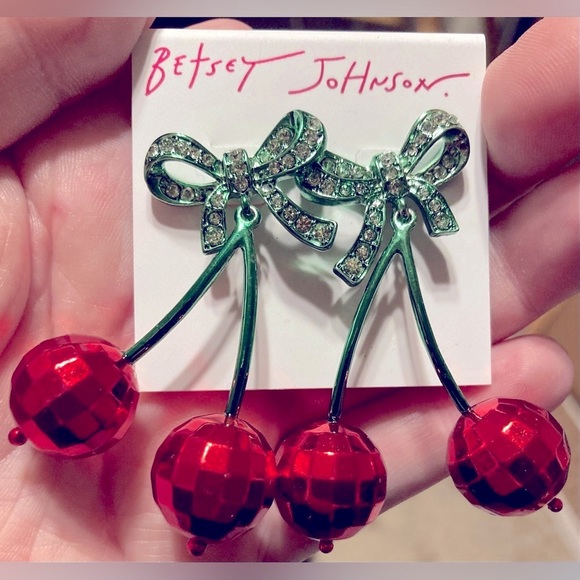 BETSEY JOHNSON Christmas Disco Ball Cherry Ornaments Earrings Crystals NEW NWT - Picture 1 of 4